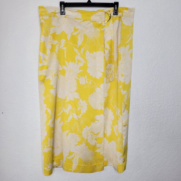 H&M Size 18 Yellow Floral D-Ring High Waist Midi Woven Fabric Wrapover Skirt - Picture 2 of 8